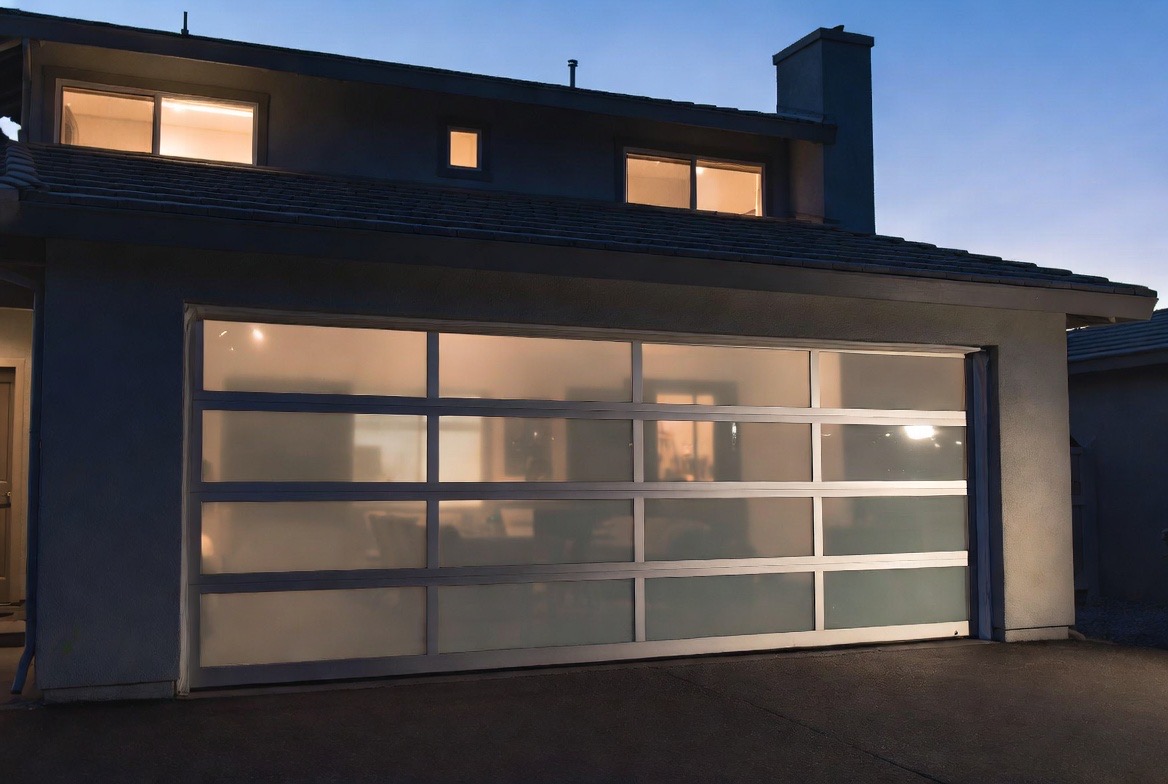 Full-view glass garage door on a coastal Santa Cruz home near the Westside